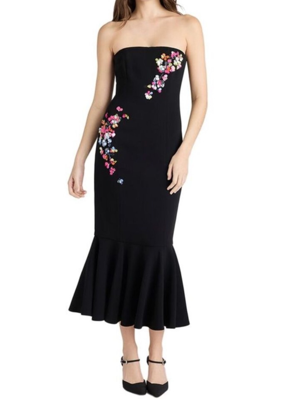 cinq a sept Black  juniper Strapless Floral-Appliqué Mermaid Dress